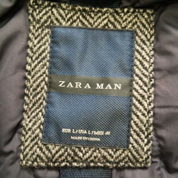 Zara Man Coat Men's Large Gray Herringbone Wool Blend Hooded Heavy Classic - Picture 4 of 12